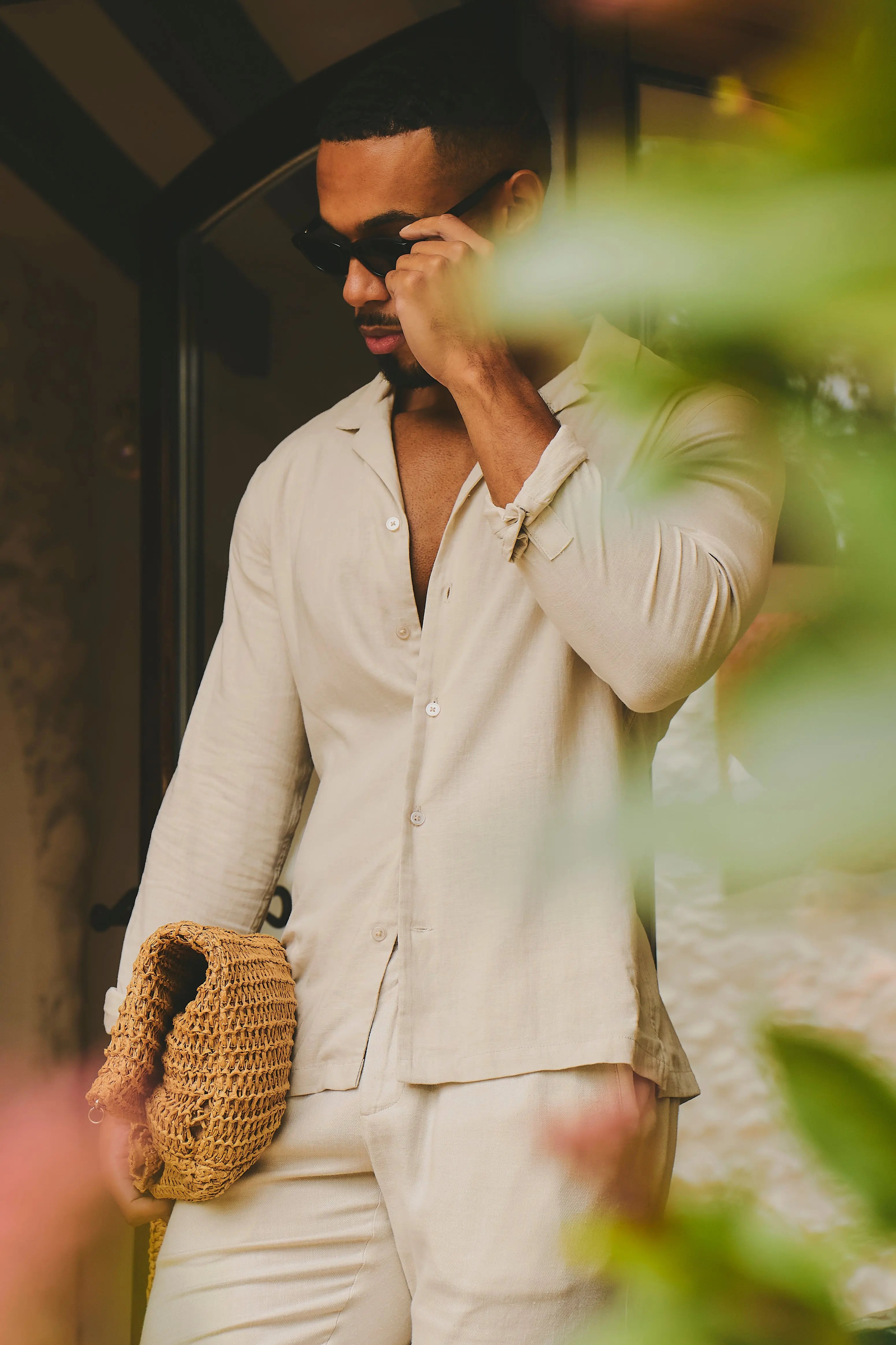 Stretch Linen Blend Cuban Collar Shirt in Stone Empire Manchester
